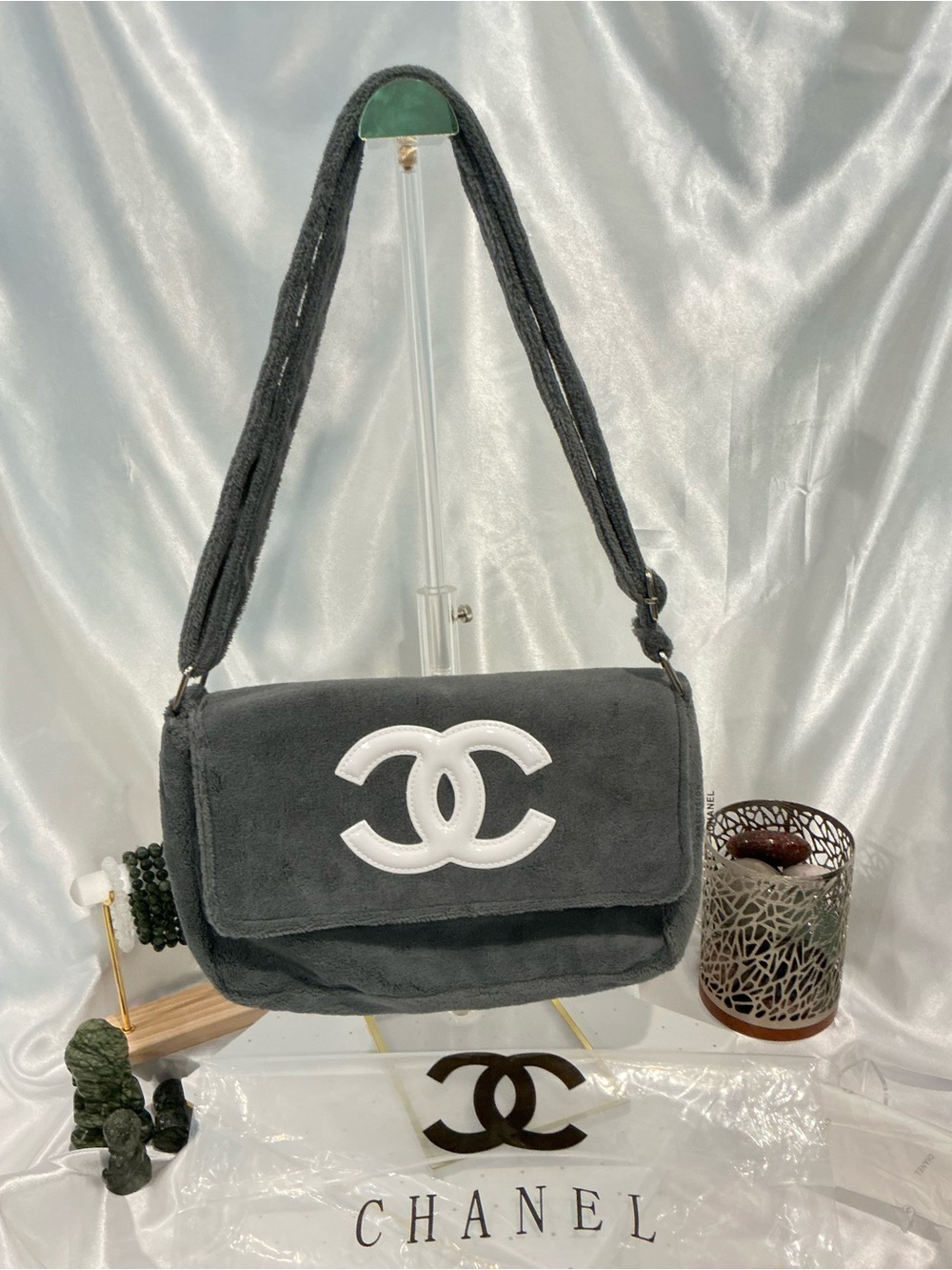 CHANEL Precision GWP Gray Fuzzy Shoulder Bag with White CC Logo